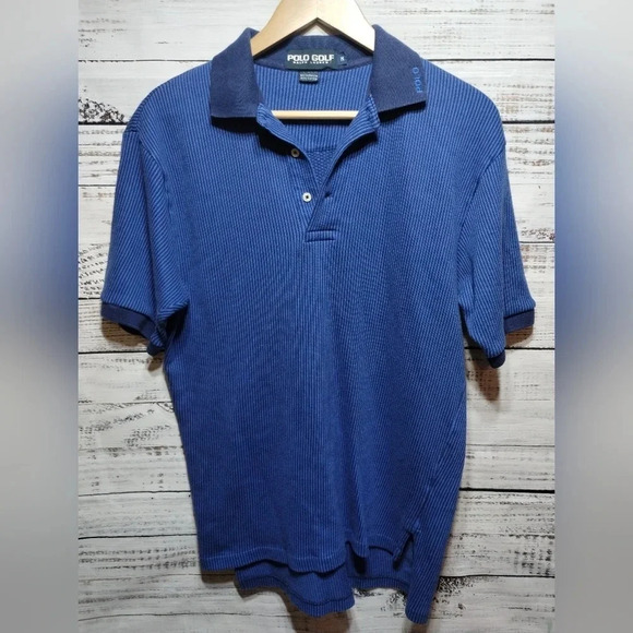 Polo Ralph Lauren Golf Polo in Blue Ribbed size Medium 90's Vintage Split Hem‎ - Picture 6 of 6